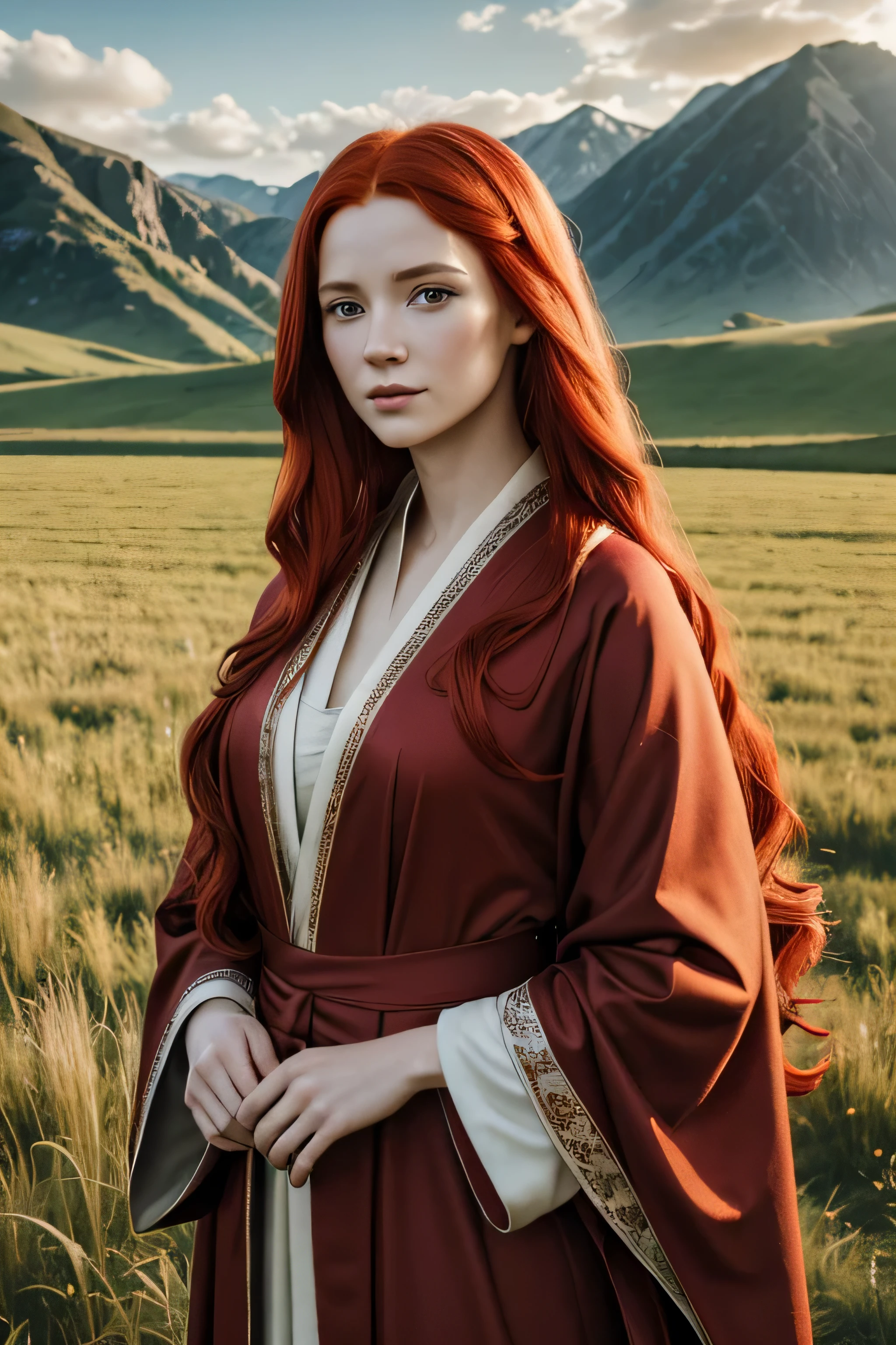 1 medival woman, long red hair, wearing a noble cloth robe, 25 years old, open field background, absurdres, high res, ultrasharp, 8K, masterpiece, the image should be of absurd resolution and high detail. It should be ultra-sharp and available in 8K resolution, representing a masterpiece in image quality.