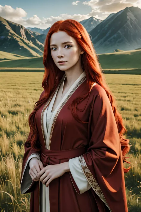 1 medival woman, long red hair, wearing a noble cloth robe, 25 years old, open field background, absurdres, high res, ultrasharp...