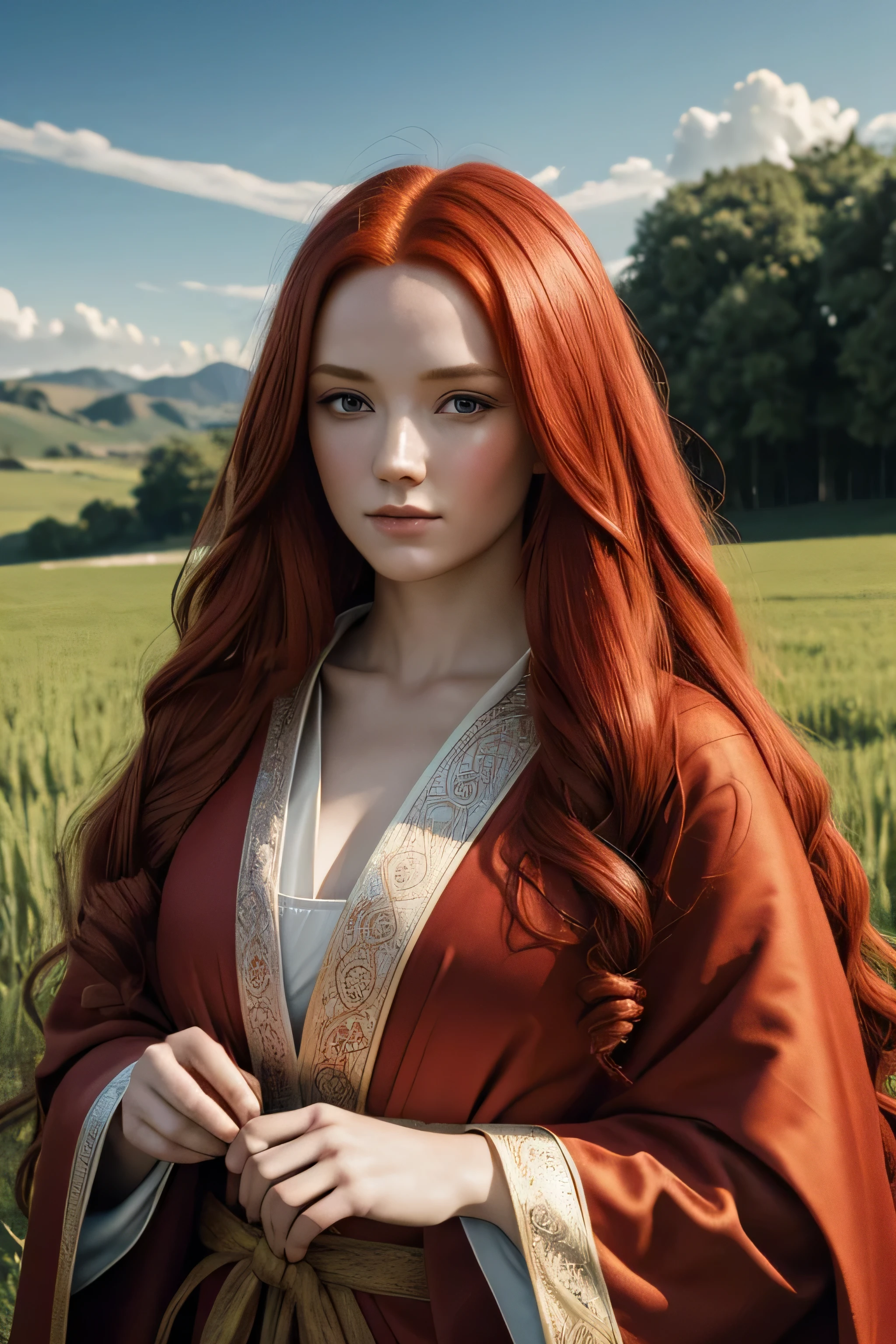 1 medival woman, long red hair, wearing a noble cloth robe, 25 years old, open field background, absurdres, high res, ultrasharp, 8K, masterpiece, the image should be of absurd resolution and high detail. It should be ultra-sharp and available in 8K resolution, representing a masterpiece in image quality.