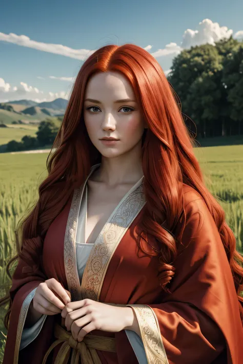 1 medival woman, long red hair, wearing a noble cloth robe, 25 years old, open field background, absurdres, high res, ultrasharp...