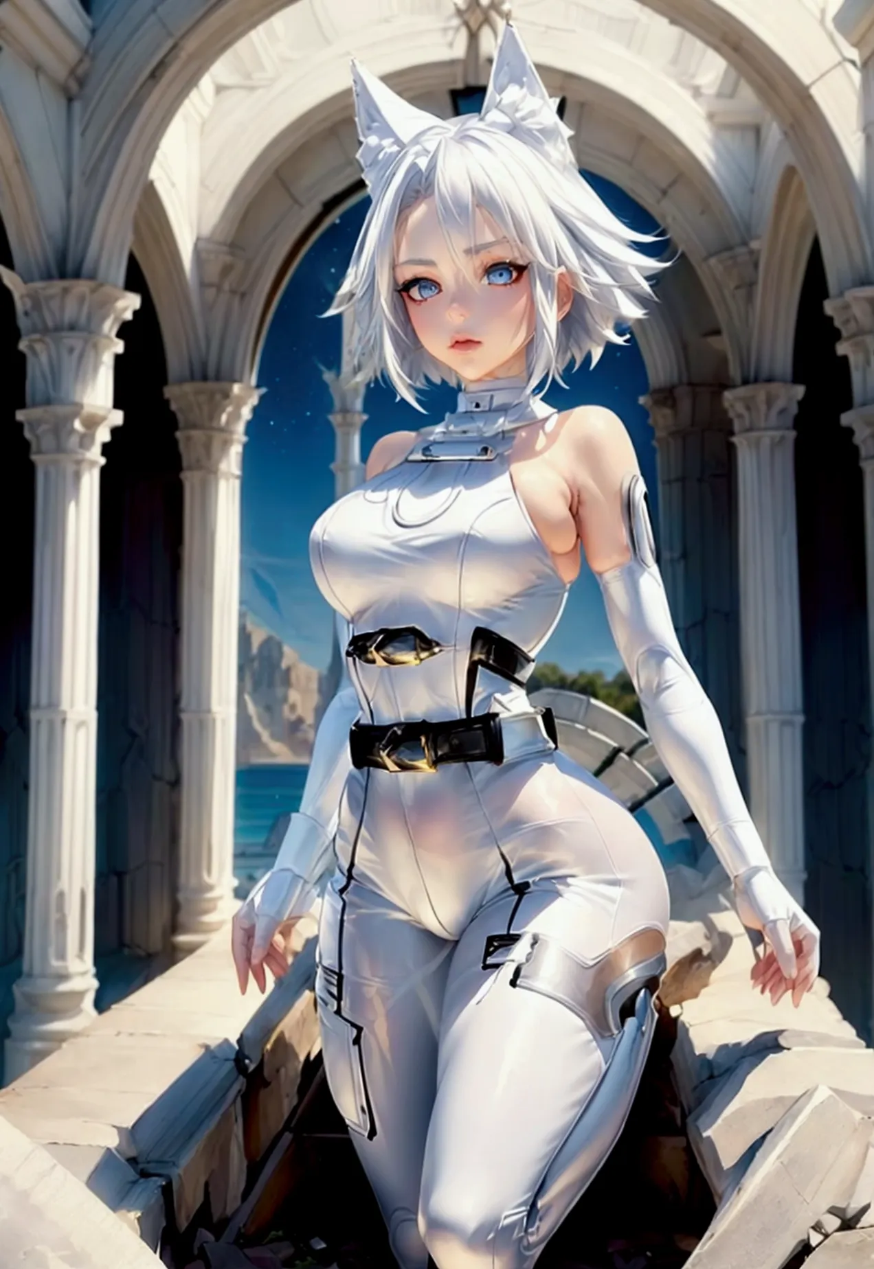 sexy and sensual white fox (marvel), 1girl, alone, blue eyes, gloves, medium breasts, white hair, belt, transparent armor, blue ...