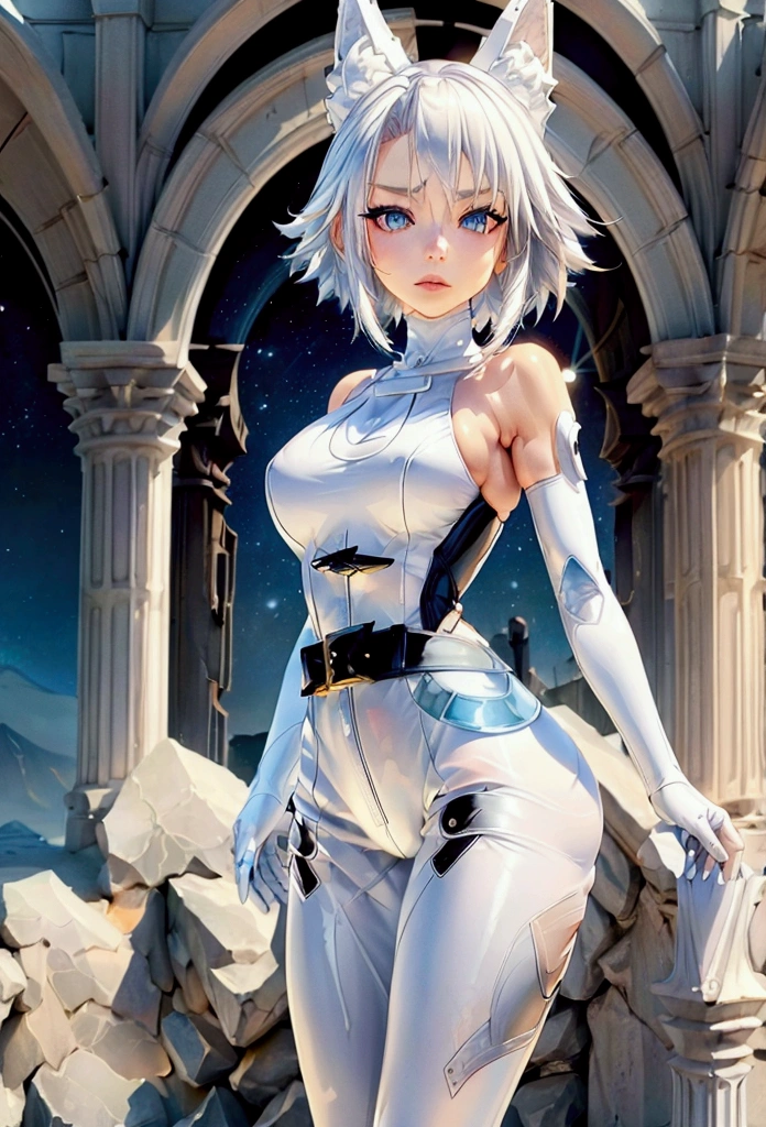 sexy and sensual White Fox (Marvel), 1girl, alone, blue eyes, gloves, medium breasts, white hair, belt, transparent armor, blue jumpsuit, makeup, mask, helmet, shoulder pads, bodycon, shoulder pads, shoulder pads, 1woman, white hair, mask, jumpsuit, gloves, onlymika full body view of warrior cats. Background: marvel cartoon landscape. in style 3B.