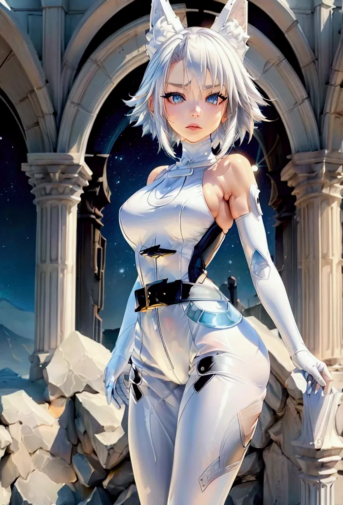 sexy and sensual white fox (marvel), 1girl, alone, blue eyes, gloves, medium breasts, white hair, belt, transparent armor, blue ...