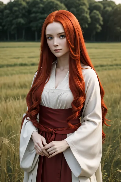 1 medival woman, long red hair, wearing a noble cloth robe, 25 years old, open field background, absurdres, high res, ultrasharp...