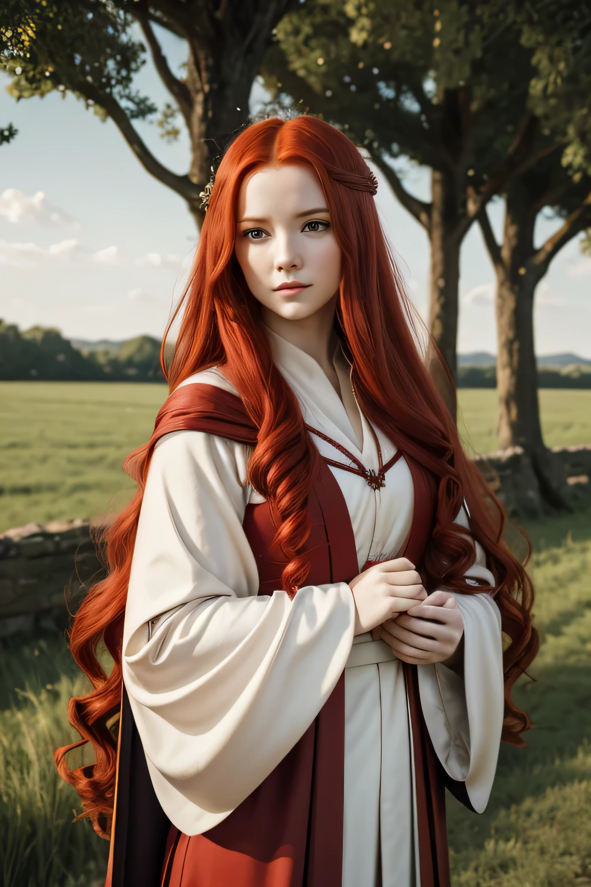 1 medival woman, long red hair, wearing a noble cloth robe, 25 years old, open field background, absurdres, high res, ultrasharp, 8K, masterpiece, the image should be of absurd resolution and high detail. It should be ultra-sharp and available in 8K resolution, representing a masterpiece in image quality.