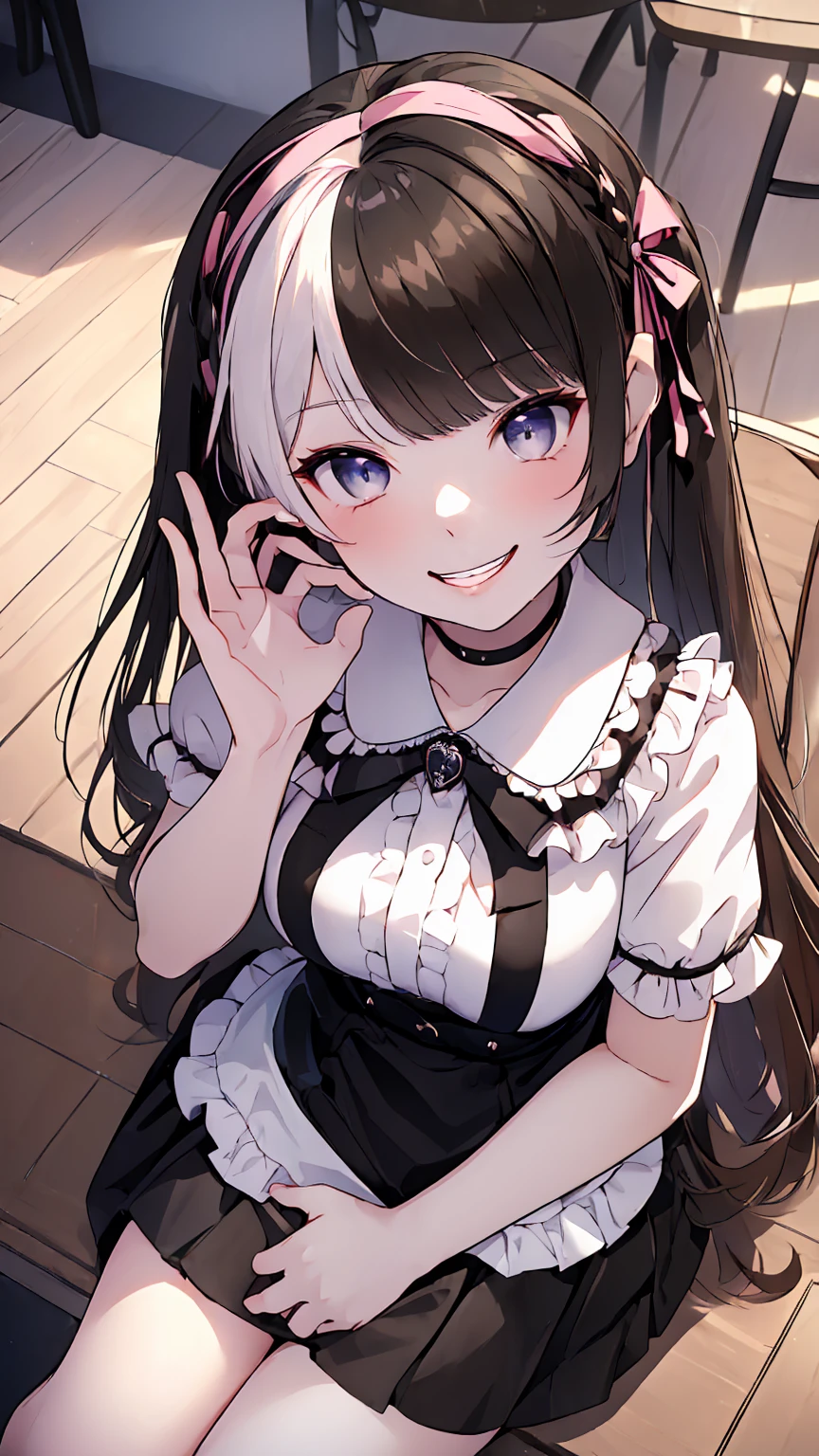  ((((Open your mouth))))、masterpiece,highest quality,High resolution,Ultra-detailed,bb Festival,meだium hair,skinny,Ahoge,Brown Hair,(((((  seductive smile ))))),skinny,Hair between the eyes,bangs,Hair Ribbon,Black Choker,Earrings,Black Ribbon,plaiだ shirt,Grey Shirt,shoulだer cutout,Short sleeve,See-through sleeves,Black Skirt,High Waist Skirt,race,(( perfect finger )) ,  shoes下,(black shoes下:1.4),race trim,shoes,Black footwear,Indoors,(Cafe:1.2),((Blowjob gestures:1.5))、open the mouth ,Sitting,Chair,heavy breathing ,