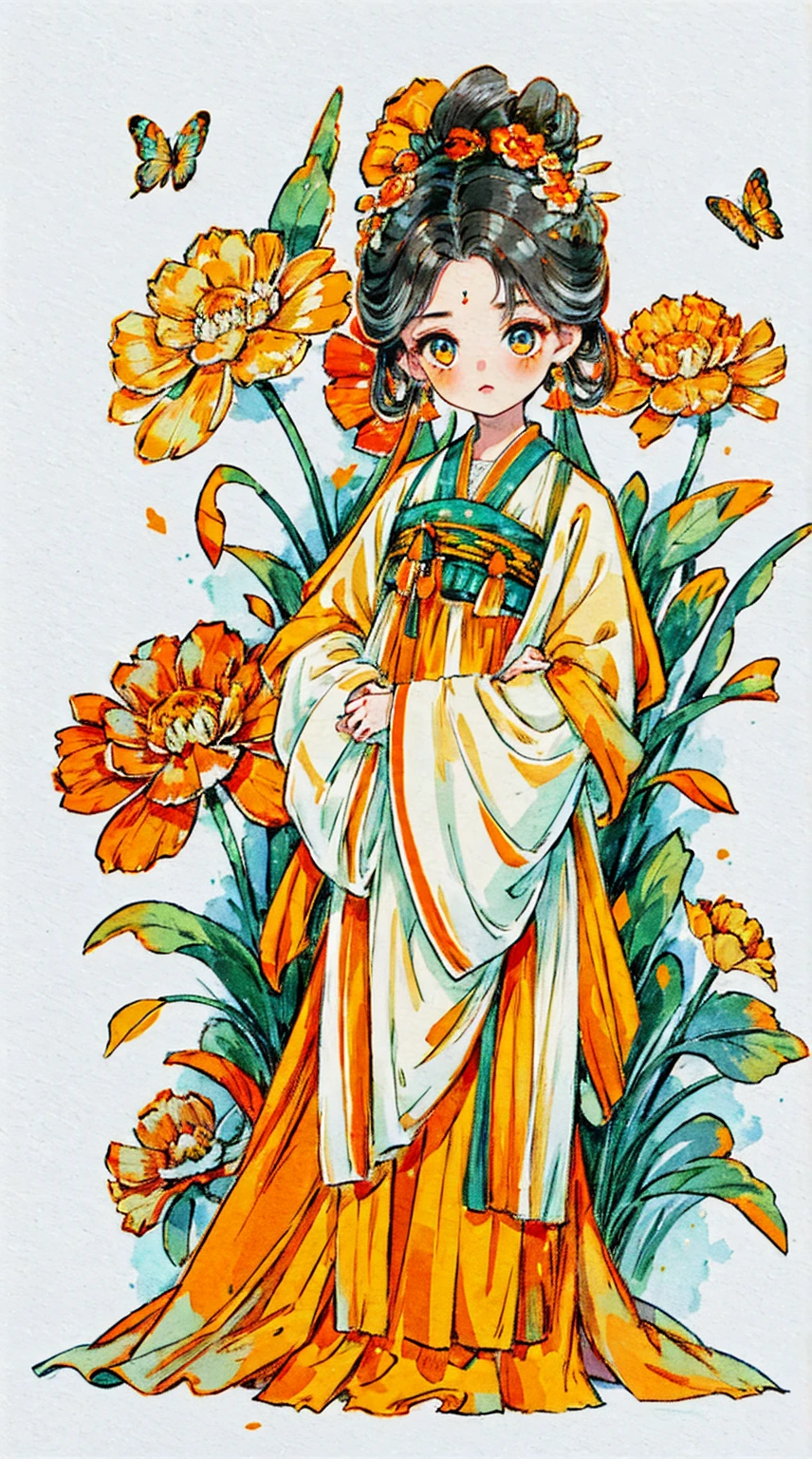 1girl, looking at viewer, face flushed, black hair color, hair adornments, longer sleeves, white background, everlasting, Full body, orange colors, marigold flowers blooming, flower hairpin, hair-bun, butterflies, masterpiece, recent quality, The finest details, Clear facial features, beautiful eyes