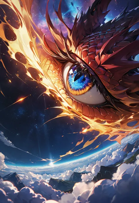 a close up anime comic picture of a dynamic color dragon eye, you see the night sky and endless stars, nebula, in the irises, so...