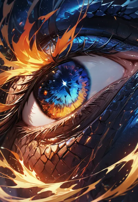 a close up anime comic picture of a dynamic color dragon eye, you see the night sky and endless stars, nebula, in the irises, so...