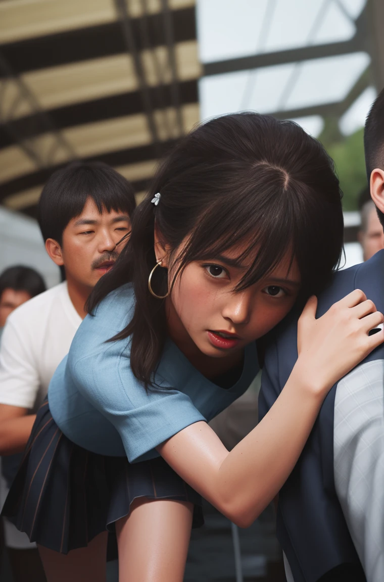 (molestation:1.8) japanese woman, very big breasts, oversized breasts, (white halfsleeve shirt,darkblue neckribbon,pleated short skirt, darkbrown shoulder length hair,bangs,ear:1.2),Chest grab, in the train, grab your butt, Multiple men around her grab her breasts, Chest grab, multiple hands, masterpiece, highest quality, very detailed, molestation, crowd of men, crowd surfing, very realistic face, very realistic eyes, crowd of men around her, the person who grabs her body, I squeezed my chest, molestation, masterpiece, highest quality, very detailed, 1 girl, multiple hands, Grab your ass with the crazy crowd, Chest grab, the men around her, squeezed body, Many people grab their chests, Be beaten, pulling on clothes, very wet and sweaty, grab clothes