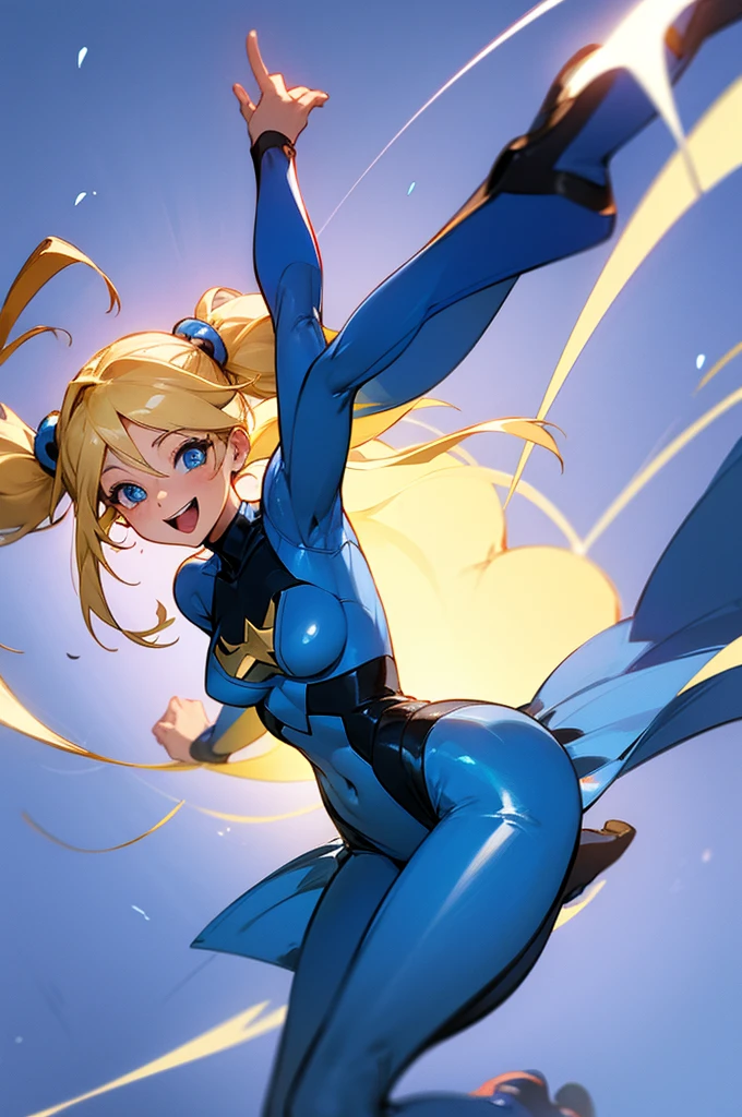 1female , blonde Hair ,pig tails , Floating in air , blue Bodysuit , blue Dress , blue Superhero Suit , joyful Expression , blue Eyes
