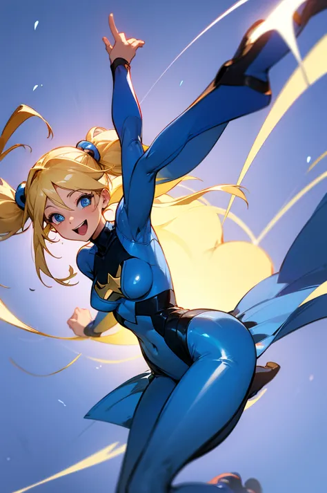 1female , blonde hair ,pig tails , floating in air , blue bodysuit , blue dress , blue superhero suit , joyful expression , blue...