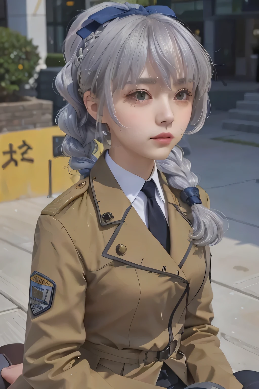 1girl, solo, braided ponytail, ((single braid)), grey eyes, delicate face, grey hair, military uniform, black necktie, blue bow, brown skirt, best quality, masterpiece,