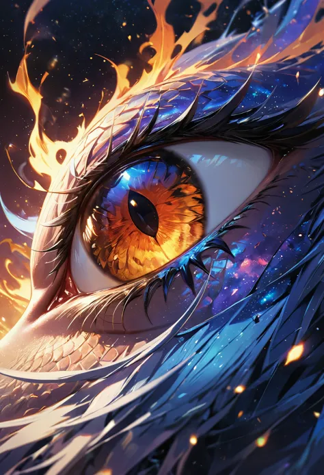 a close up anime comic picture of a dynamic color dragon eye, you see the night sky and endless stars, nebula, in the irises, so...