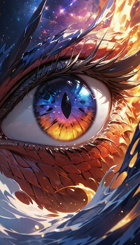 a close up anime comic picture of a dynamic color dragon eye, you see the night sky and endless stars, nebula, in the irises, so...