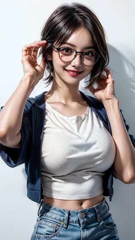 ((beautiful face:1.2)), (purelos face_v1: 1.0), half body,((white simple background)),one person, round glasses, big glasses, sm...