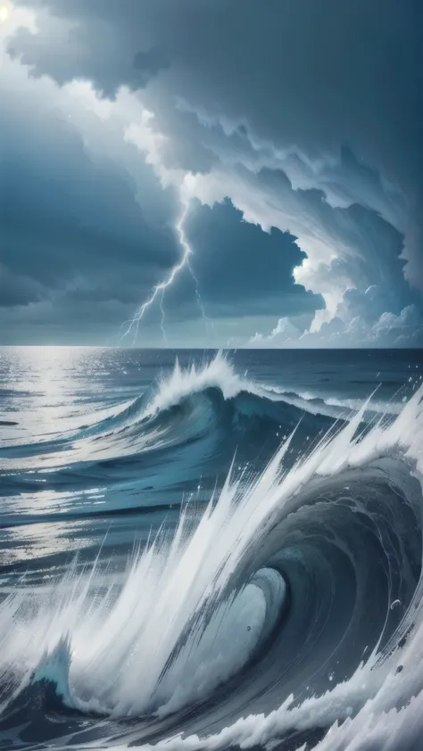 capture a turbulent ocean scene with stormy skies above the bermuda triangle. the waves should be rough, with lightning striking...