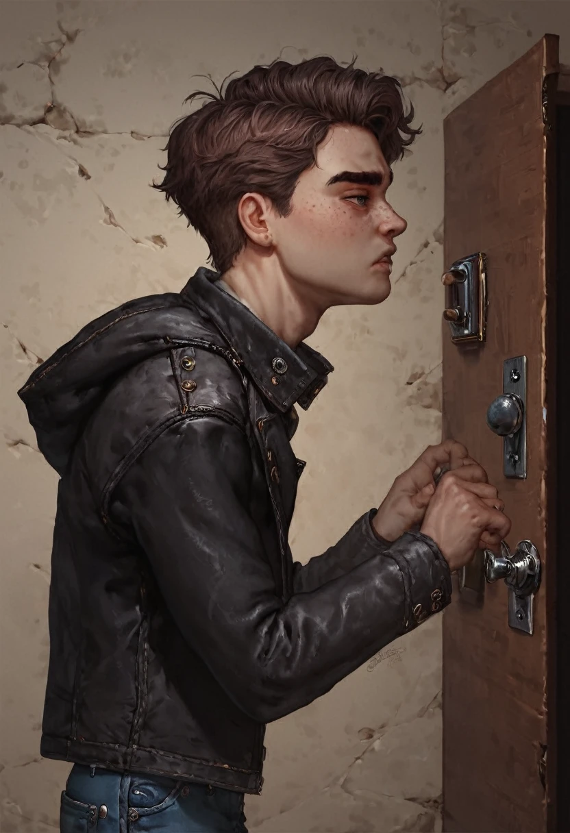 rating_safe score_9_up, score_8_up, score_7_up, thin 20yo man, 1boy, solo, dark eyes pale freckled skin, ((detailed dusty attic background)), (((chin-length brown hair))), (young man opening old door in abandoned cramped house), ((dark dusty background)), (sharp hooked nose), fatty bangs hanging into face, half-open door mildly bored expression, dark eyes, bushy eyebrows, low light, negative hands, dark, simple jacket, jeans, closeup, (highest quality, masterpiece), hand on doorknob, side view