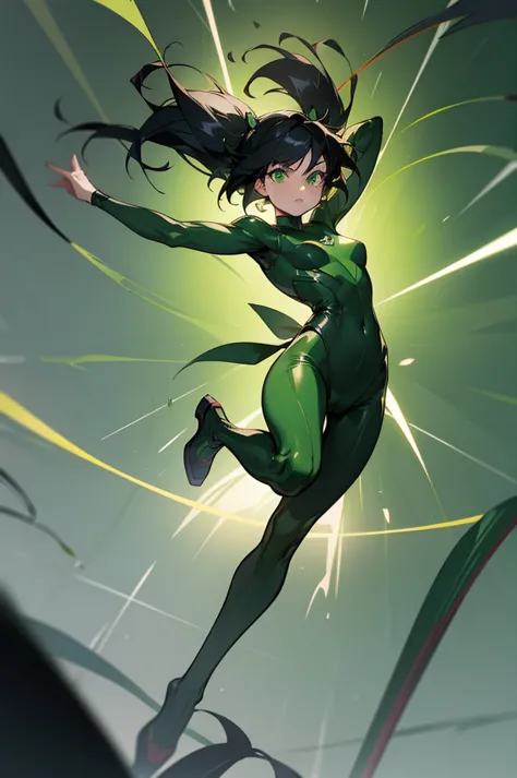 1female , black hair ,bowl tails , floating in air , green bodysuit , green dress , green superhero suit , serious expression , ...