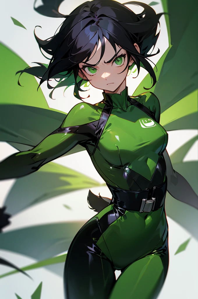 1female , black Hair ,bowl tails , Floating in air , green Bodysuit , green Dress , green Superhero Suit , serious Expression , green Eyes, black belt wrapping suit,