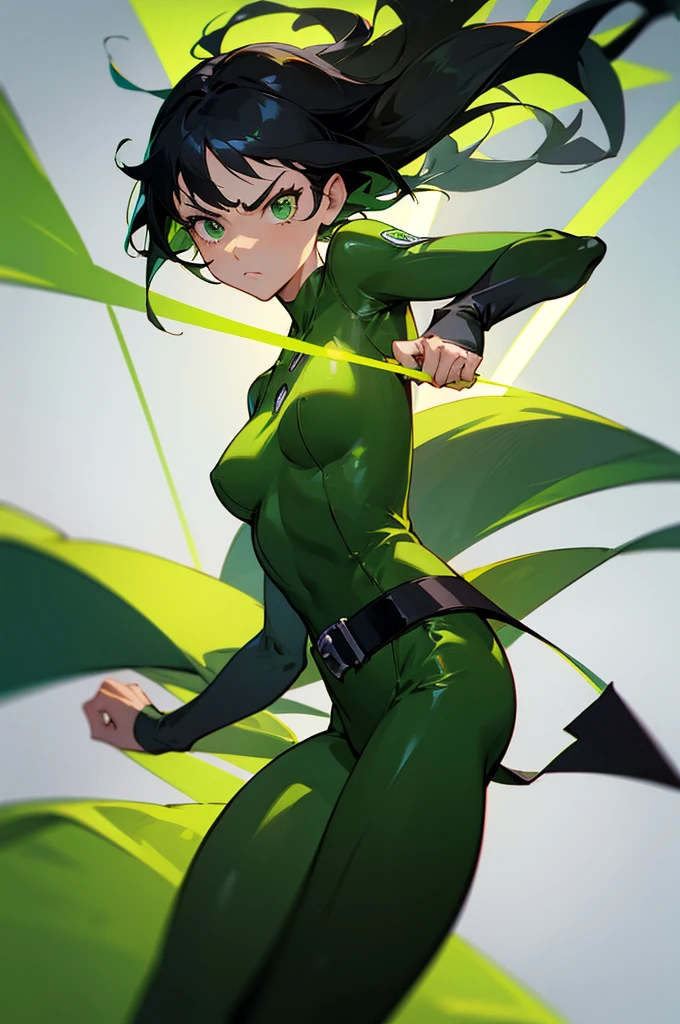 1female , black Hair ,bowl tails , Floating in air , green Bodysuit , green Dress , green Superhero Suit , serious Expression , green Eyes, black belt wrapping suit,