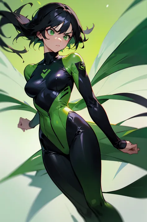 1female , black hair ,bowl tails , floating in air , green bodysuit , green dress , green superhero suit , serious expression , ...