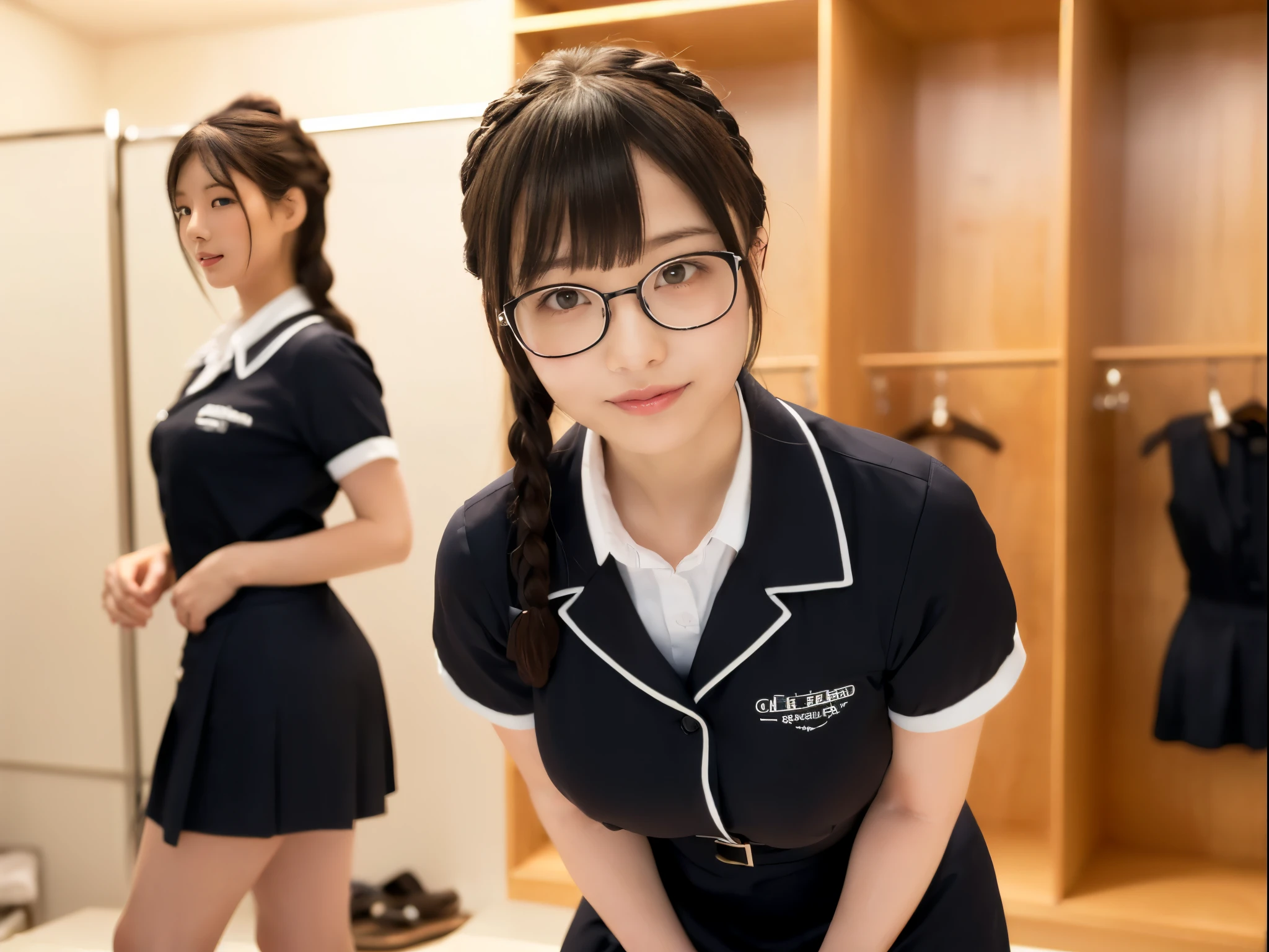 masterpiece, Highest quality, figure, Very detailed, The finer details, High resolution, 8k,wallpaper, Perfect dynamic composition,(Detailed high quality, Realistic depiction of eyes:1.3),(A tight-fitting waitress uniform with buttons on the collar and chest), Seraphim, The background is an empty changing room, Deep in the field, Black hair color, Big Natural Color Lip, (Perfect figure), (smile)、Harajuku Style, Adorable expression、Expressions of happiness、Amazingly cute、Cute type、Beautiful feet, Idol Sculpture、(Changing clothes in the changing room:1.5)、(In the process of taking off clothes:1.5)、Braid、Glasses、Big Breasts, see through