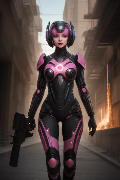 female, pink exoskeleton, imposing female humanoid who has android parts + human face + female features + middle east features +...