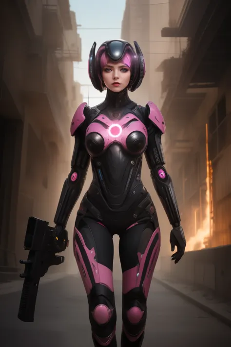 female, pink exoskeleton, imposing female humanoid who has android parts + human face + female features + middle east features +...