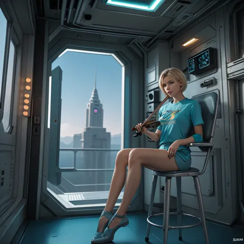 ((gorgeous realistic short hair blonde female in a realistic futuristic space station)), ((playing the violin)), ((sitting on a ...