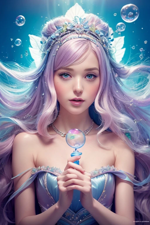 a painting of a woman in a dress blowing bubbles, loish and wlop, ethereal bubbles, moebius + loish + wlop, dreamy and detailed, intricate wlop, closeup fantasy with water magic, fairytale artwork, fairytale painting, in style of anna dittmann, wlop art, realistic fantasy painting, artgerm julie bell beeple