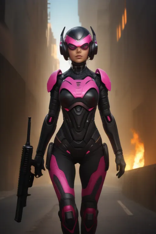 female, pink exoskeleton, imposing female humanoid who has android parts + human face + female features + middle east features +...