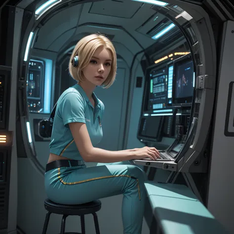 ((gorgeous realistic short hair blonde female 35 years age in a realistic futuristic space station)), ((playing computer games))...