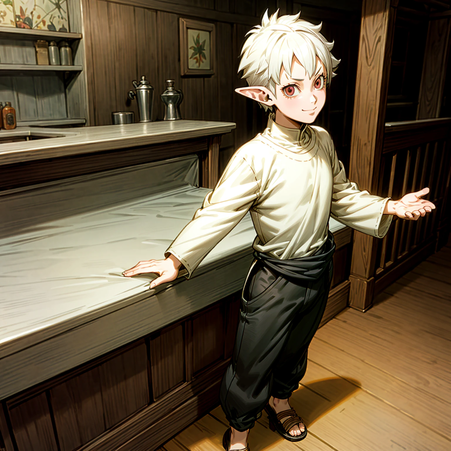 Solo character, full body version, kid boy, (elf), white eyes, white color hair, undercut hair, casual clothing, black pants, sandals, indoor, bar, village, medieval, standing gesture, detailed background, detailed clothing, detailed hair, (black clover style art), happy eyes, smile mouth