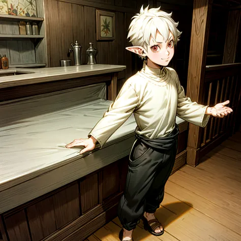 solo character, full body version, kid boy, (elf), white eyes, white color hair, undercut hair, casual clothing, black pants, sa...