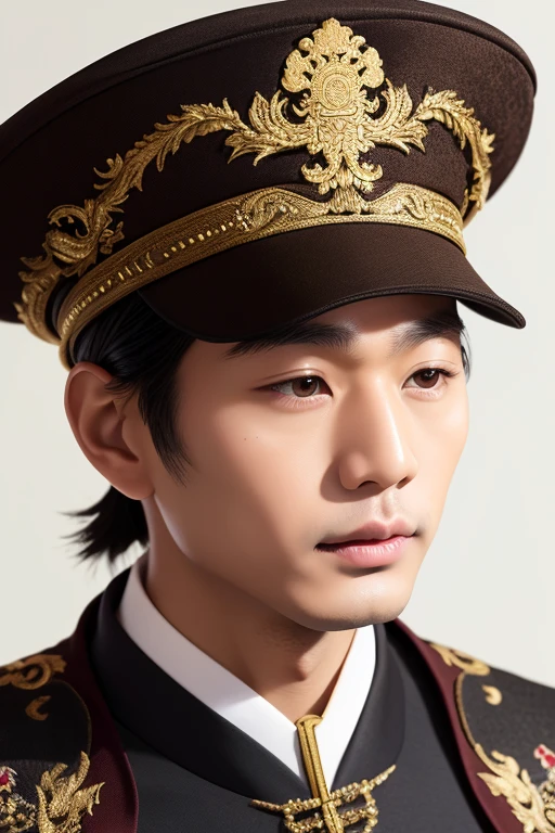 Chinese emperor, black hat, no beard, about 30 years old, face relatively large, brown silk solid color simple official uniform, thin color dragon texture embroidered with openwork embroidery on the clothes, realistic face close-up, character photography, solid color simple background, ambient light, background light, Tyndall light