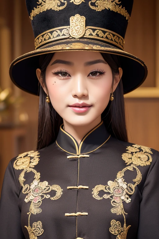 Chinese emperor, black hat, no beard, about 30 years old, face relatively large, brown silk solid color simple official uniform, thin color dragon texture embroidered with openwork embroidery on the clothes, realistic face close-up, character photography, solid color simple background, ambient light, background light, Tyndall light