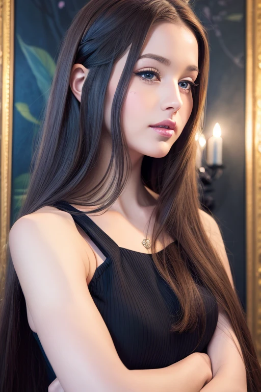 masterpiece, best quality, 1girl, solo, ((mature female)), round pupils, long hair, hair, princess, black dress, fantasy, happy, looking at viewer, cartoon, anime, (oil painting)