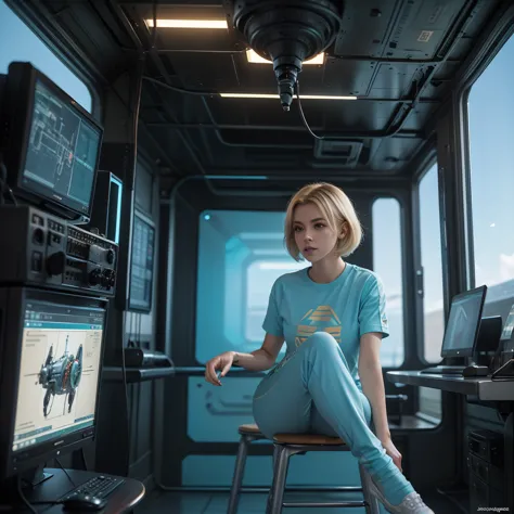 ((gorgeous realistic short hair blonde female 35 years age in a realistic futuristic space station)), in a large room, ((playing...