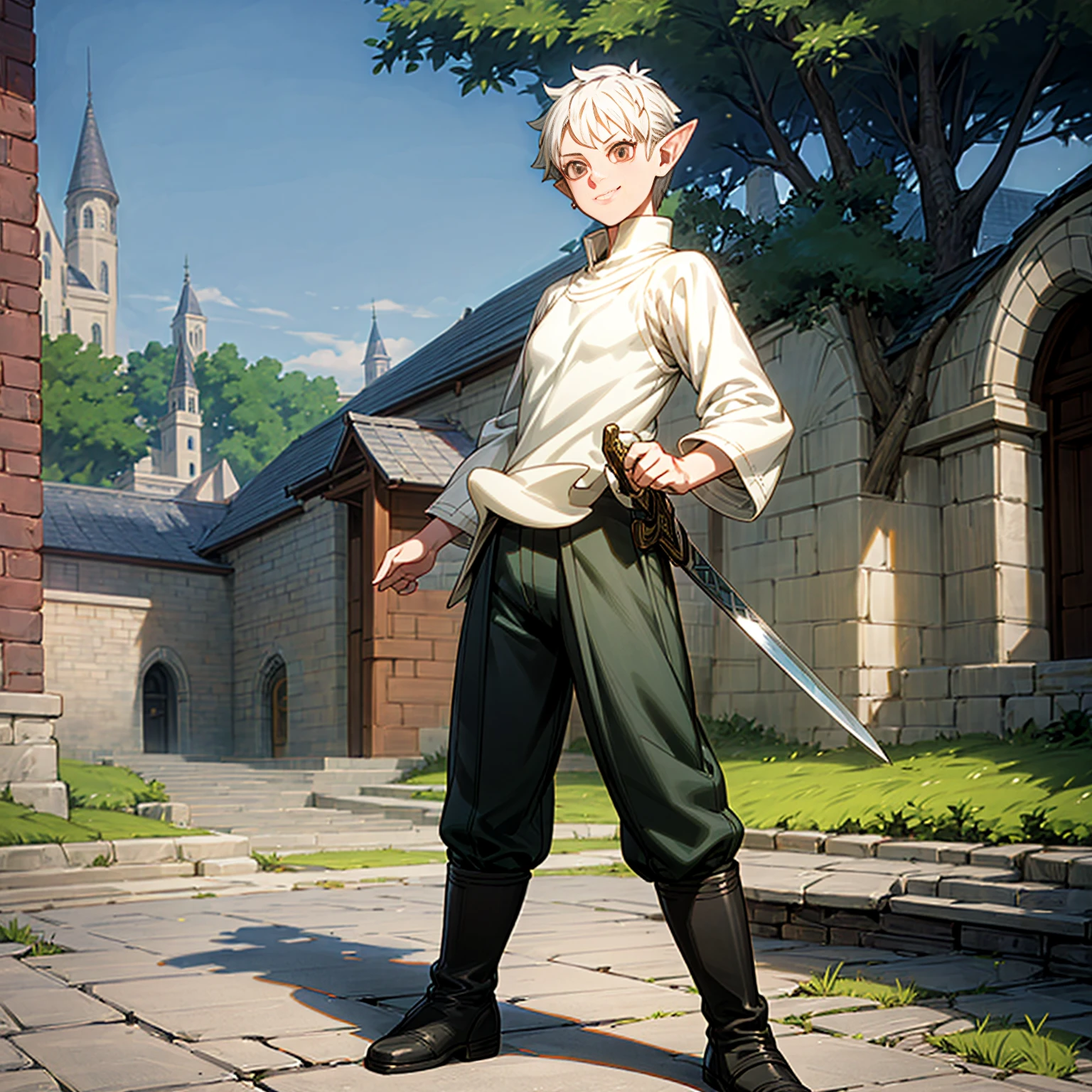 Solo character, full body version, young man, (elf), white eyes, white color hair, undercut hair, sweater clothing, black pants, boots, outdoor, town, medieval, standing gesture, detailed background, detailed clothing, detailed hair, (black clover style art), happy eyes, smile mouth, sword in hand 