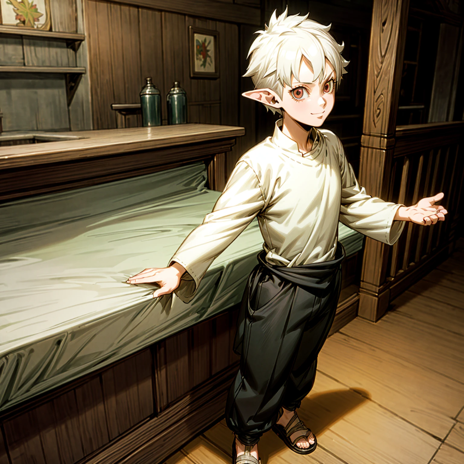 Solo character, full body version, kid boy, (elf), white eyes, white color hair, undercut hair, casual clothing, black pants, sandals, indoor, bar, village, medieval, standing gesture, detailed background, detailed clothing, detailed hair, (black clover style art), happy eyes, smile mouth