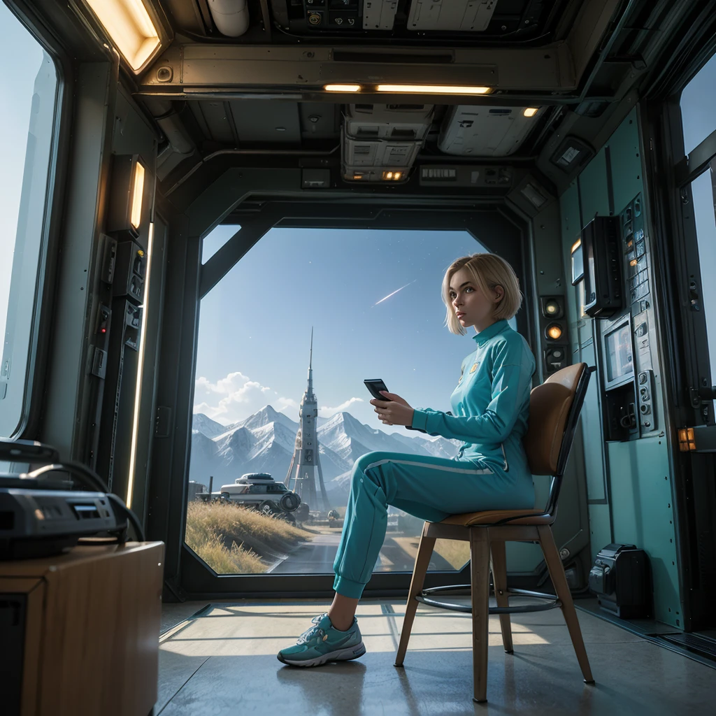 ((gorgeous realistic short hair blonde female 35 years age in a realistic futuristic space station)), in a large room, ((playing Computer Games)), ((sitting on a stool with display and glowing control surfaces)), she is wearing a teal and grey track suit, (photorealistic), (in light grey and teal T Shirt and slacks), (Style-Glass), (()), hdr, antialiased, 8k, ((syd mead)), sharp details, ((masterpiece)), (painterly), (good anatomy), (good proportions), (good composition), (dramapaint), (style-sylvamagic) you can see stars and nebula from the window