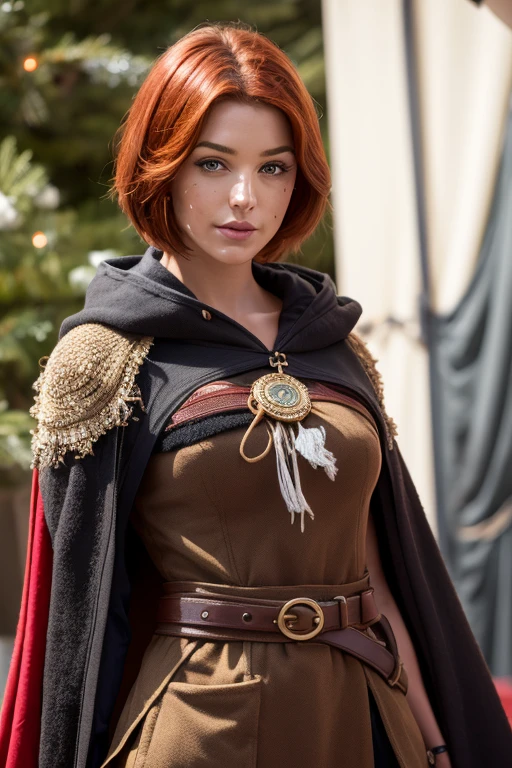 (realistic oil art, image up to the waist, 20-year-old princess, British, black eyes, vibrant look, redhead, short hair), ezio auditore tunic, hooded, black, brown, red details, ornaments, freckles on 10% of the cheekbone, perfect face, critical camera, blurred background, warm light, more details in clothing, strong leftovers, mystery pose