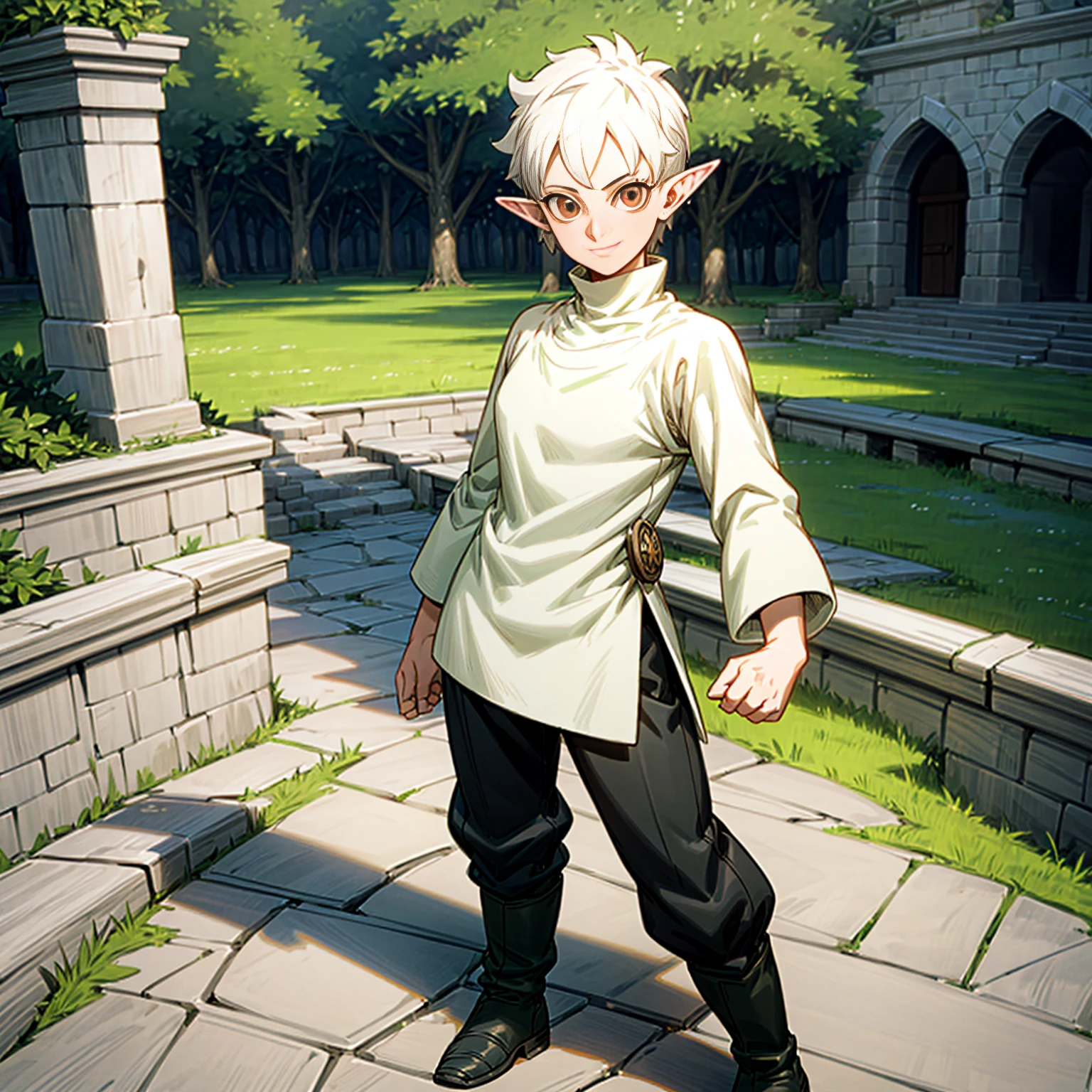 Solo character, full body version, young man, (elf), white eyes, white color hair, undercut hair, sweater clothing, black pants, boots, outdoor, town, medieval, standing gesture, detailed background, detailed clothing, detailed hair, (black clover style art), happy eyes, smile mouth, sword in hand 