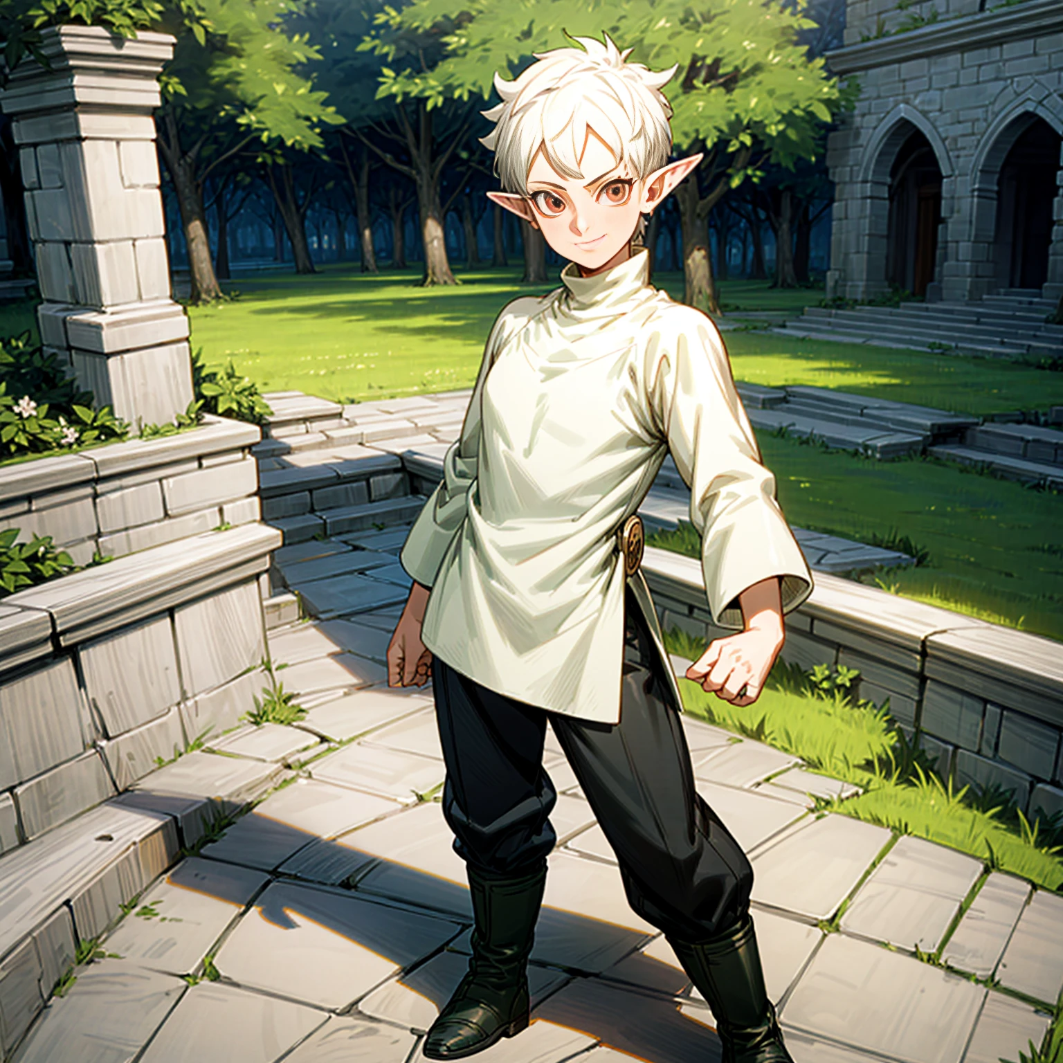 Solo character, full body version, young man, big muscle, (elf), white eyes, white color hair, undercut hair, sweater clothing, black pants, boots, outdoor, town, medieval, standing gesture, detailed background, detailed clothing, detailed hair, (black clover style art), happy eyes, smile mouth, sword in hand 