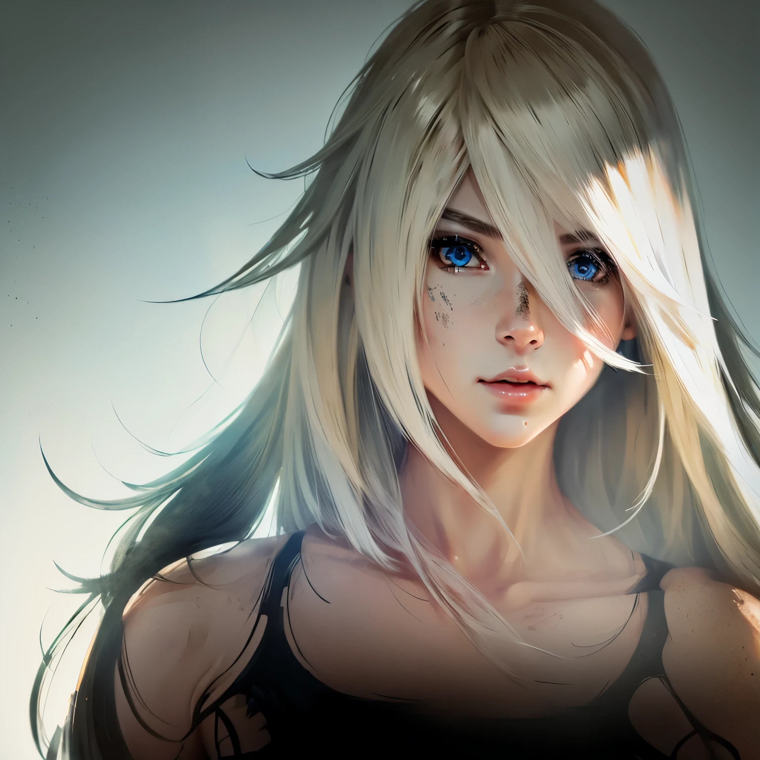 Anime girl, A2, Nier Automata, beautiful, white hair, focusing on her face, only face, dirty hair, blue background, looking to the right, loojing forward