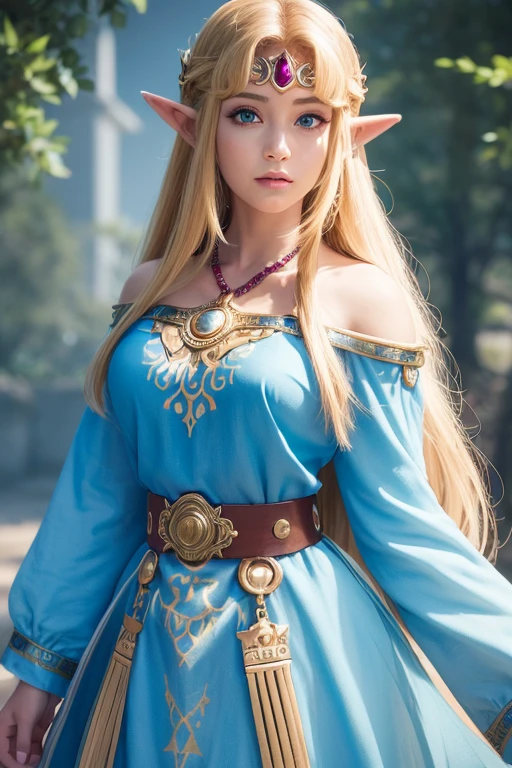 RAW Photos, (((A portrait of extreme beauty))), (Cowboy Shot), (Princess Zelda from The Legend of Zelda), watercolor, Blurred Background, Highest quality, 4K, 8k, High resolution, masterpiece, Very detailed, Very detailed目と顔, Beautiful attention to detail, Beautiful lip detail, Long eyelashes, Princess Dress, Fantasy, Jewelry made with attention to detail, Magical Aura, Dramatic lighting, Vibrant colors, Fantasy landscape, rich vegetation, Digital Art, Zelda ALBW