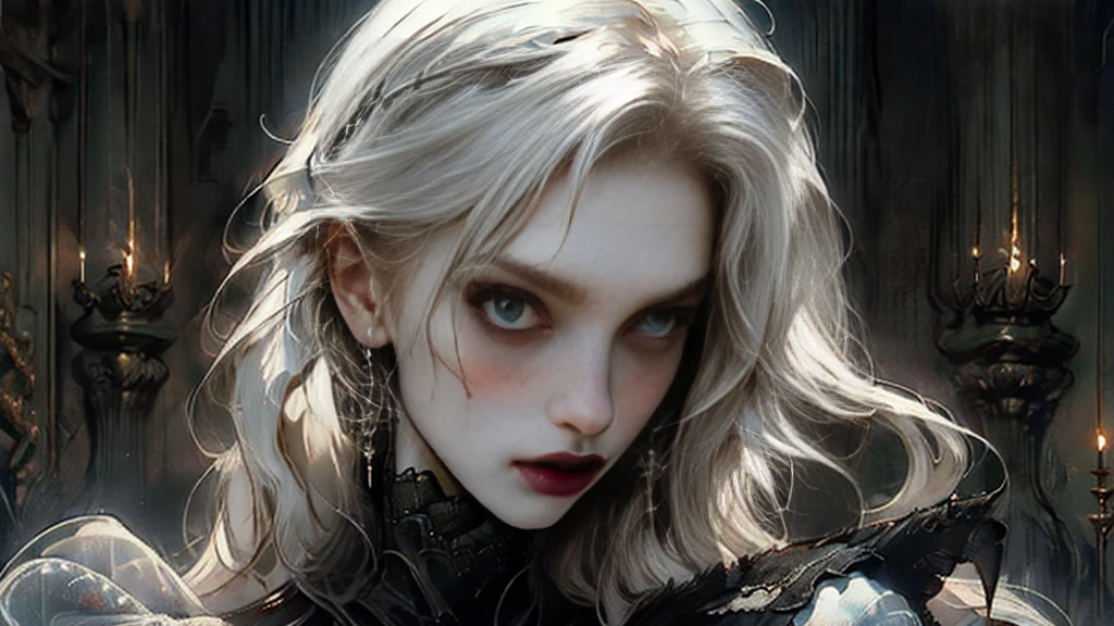 japanese woman, (vampire), (goth vampire), gothic, 8k, absurd res, ((wide eyes)), flawless face, girl with a soft body, beautiful woman, perfect face, (symmetrical), 1girl, average mature body, natural body, ((half body image)), very femenine, solo, masterpiece, highly detailed, flawless eyes, ((detailed eyes)), expressive detailed eyes, gothic beauty, pale skin, wide eyed, (detailed pupils), realistic skin, some freckles, realistic skin texture, ((small breasts)), blushing, super detailed skin, smooth background, shy face, analog style, dim moody lighting, Soft and warm color palette, delicate brushwork, evocative use of light and shadow, atmospheric, ((very long beautiful white hair)), (very long hair), ((wearing a revealing black lace victorian dress)), cleavage, (slender but beautiful body), gothic old castle interior at background, 4k, 8k, 35 mm, intricate details, incredibly detailed, Soft cinematic light, Hdr, sharp focus, complex, elegant, centered, mysterious concept