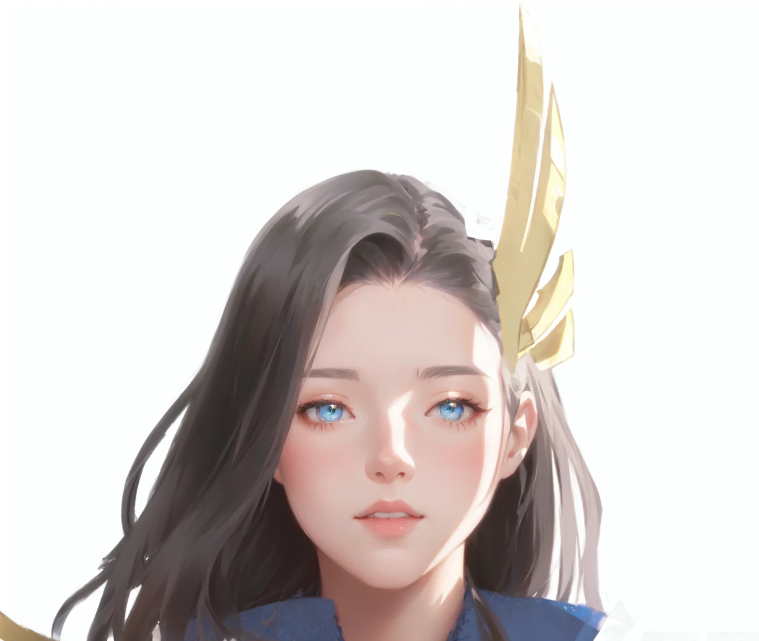 She wears a feather on her head，Wearing a blue shirt。, Produced in collaboration with Anime Painter Studio, Painting in an anime artist studio, High-quality fanart, Detailed fan art, Color Sketch, loki portrait, Close-up characters, Half-length portrait, Stylized portrait, Use a thick brush, Character Art Close-up, rossdraws 1. 0, fast, Rossdraws Portrait