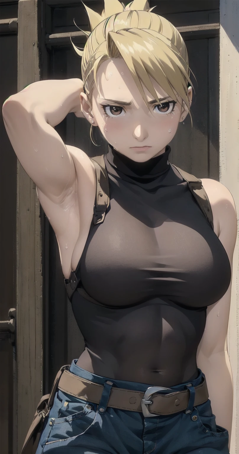 masterpiece, highest quality, High resolution, One Girl, Hamriz, ponytail, Brown eyes,big , Black Shirt, Tight shirt, holster, Short sleeve, belt, Covered navel, Blue pants,indoor、Upper body close-up、Muscular body、blush、Sweat、Composition from the front、anime、(((Close-up of a person、大きなおっぱい、Both armpits exposed、Sweat、Look forward)))